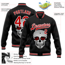 Laden Sie das Bild in den Galerie-Viewer, Custom Black Red-White Skull With Roses 3D Bomber Full-Snap Varsity Letterman Jacket
