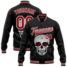 Load image into Gallery viewer, Custom Black Red-White Skull With Roses 3D Bomber Full-Snap Varsity Letterman Jacket
