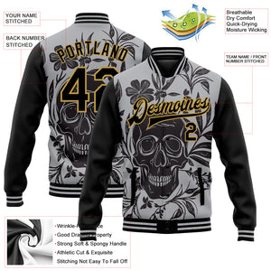 Custom Gray Black-Old Gold Skull With Flowers 3D Bomber Full-Snap Varsity Letterman Two Tone Jacket