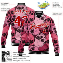 Laden Sie das Bild in den Galerie-Viewer, Custom Pink Red-White Skull With Heart Shaped Eyes 3D Bomber Full-Snap Varsity Letterman Jacket
