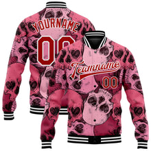 Load image into Gallery viewer, Custom Pink Red-White Skull With Heart Shaped Eyes 3D Bomber Full-Snap Varsity Letterman Jacket
