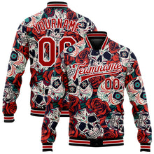 Laden Sie das Bild in den Galerie-Viewer, Custom Black Red-White Skull With Flower 3D Bomber Full-Snap Varsity Letterman Jacket

