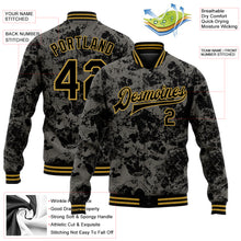 Laden Sie das Bild in den Galerie-Viewer, Custom Black Old Gold Skull Fashion 3D Bomber Full-Snap Varsity Letterman Jacket
