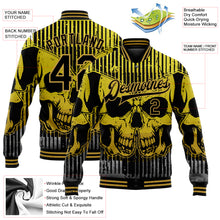 Load image into Gallery viewer, Custom Black Old Gold Skull With Butterfly 3D Bomber Full-Snap Varsity Letterman Jacket
