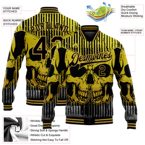 Custom Black Old Gold Skull With Butterfly 3D Bomber Full-Snap Varsity Letterman Jacket
