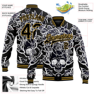 Custom Black Old Gold Skull With Peonies 3D Bomber Full-Snap Varsity Letterman Jacket