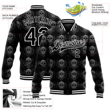 Laden Sie das Bild in den Galerie-Viewer, Custom Black White Skull Fashion 3D Bomber Full-Snap Varsity Letterman Jacket

