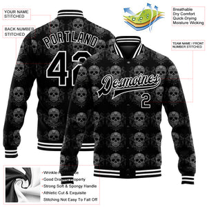 Custom Black White Skull Fashion 3D Bomber Full-Snap Varsity Letterman Jacket