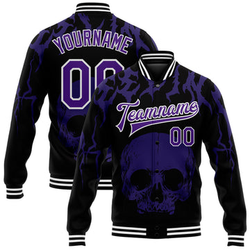 Custom Black Purple-White Skull Fashion 3D Bomber Full-Snap Varsity Letterman Jacket