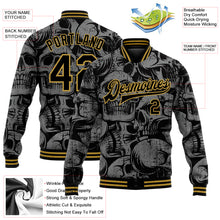 Charger l&#39;image dans la galerie, Custom Black Old Gold Skull Fashion 3D Bomber Full-Snap Varsity Letterman Jacket
