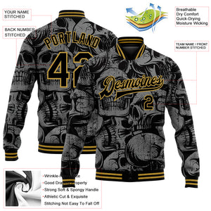 Custom Black Old Gold Skull Fashion 3D Bomber Full-Snap Varsity Letterman Jacket