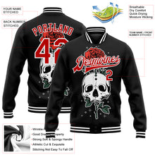 Charger l&#39;image dans la galerie, Custom Black Red-White Skull With Flower 3D Bomber Full-Snap Varsity Letterman Jacket
