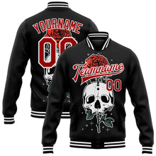 Charger l&#39;image dans la galerie, Custom Black Red-White Skull With Flower 3D Bomber Full-Snap Varsity Letterman Jacket

