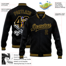 Laden Sie das Bild in den Galerie-Viewer, Custom Black Old Gold Skull With Gold Crown And Crossing Bones 3D Bomber Full-Snap Varsity Letterman Jacket
