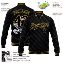 Load image into Gallery viewer, Custom Black Old Gold Skull With Gold Crown And Crossing Bones 3D Bomber Full-Snap Varsity Letterman Jacket
