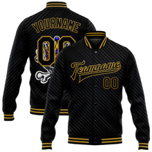 Load image into Gallery viewer, Custom Black Old Gold Skull With Gold Crown And Crossing Bones 3D Bomber Full-Snap Varsity Letterman Jacket
