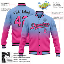 Laden Sie das Bild in den Galerie-Viewer, Custom Light Blue Pink-Black Bomber Full-Snap Varsity Letterman Fade Fashion Jacket
