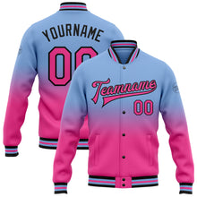 Laden Sie das Bild in den Galerie-Viewer, Custom Light Blue Pink-Black Bomber Full-Snap Varsity Letterman Fade Fashion Jacket
