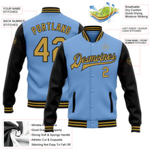 Load image into Gallery viewer, Custom Light Blue Old Gold-Black Bomber Full-Snap Varsity Letterman Two Tone Jacket
