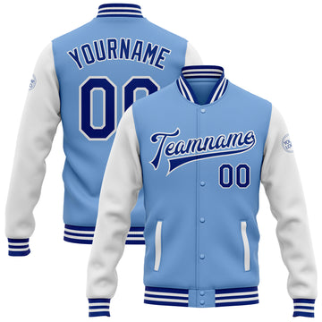 Custom Light Blue Royal-White Bomber Full-Snap Varsity Letterman Two Tone Jacket