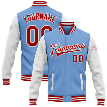 Custom Light Blue Red-White Bomber Full-Snap Varsity Letterman Two Tone Jacket