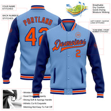 Load image into Gallery viewer, Custom Light Blue Orange-Royal Bomber Full-Snap Varsity Letterman Two Tone Jacket
