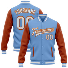Load image into Gallery viewer, Custom Light Blue White-Texas Orange Bomber Full-Snap Varsity Letterman Two Tone Jacket
