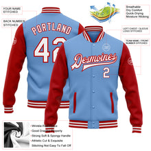 Laden Sie das Bild in den Galerie-Viewer, Custom Light Blue White-Red Bomber Full-Snap Varsity Letterman Two Tone Jacket

