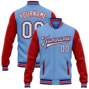 Custom Light Blue White Royal-Red Bomber Full-Snap Varsity Letterman Two Tone Jacket