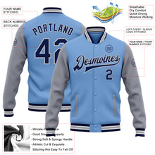 Load image into Gallery viewer, Custom Light Blue Navy-Gray Bomber Full-Snap Varsity Letterman Two Tone Jacket
