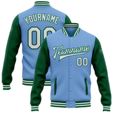 Load image into Gallery viewer, Custom Light Blue White-Kelly Green Bomber Full-Snap Varsity Letterman Two Tone Jacket
