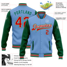 Load image into Gallery viewer, Custom Light Blue Red-Kelly Green Bomber Full-Snap Varsity Letterman Two Tone Jacket
