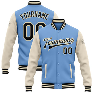 Custom Light Blue Black-Cream Bomber Full-Snap Varsity Letterman Two Tone Jacket