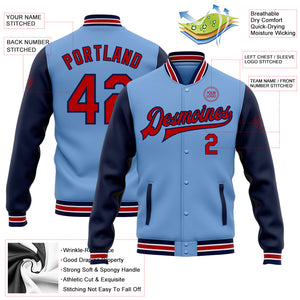 Custom Light Blue Red-Navy Bomber Full-Snap Varsity Letterman Two Tone Jacket