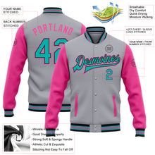 Загрузить изображение в средство просмотра галереи, Custom Gray Aqua Black-Pink Bomber Full-Snap Varsity Letterman Two Tone Jacket
