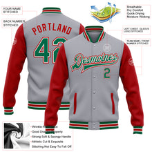 Laden Sie das Bild in den Galerie-Viewer, Custom Gray Kelly Green-Red Bomber Full-Snap Varsity Letterman Two Tone Jacket
