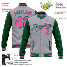 Laden Sie das Bild in den Galerie-Viewer, Custom Gray Pink-Kelly Green Bomber Full-Snap Varsity Letterman Two Tone Jacket
