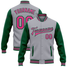 Laden Sie das Bild in den Galerie-Viewer, Custom Gray Pink-Kelly Green Bomber Full-Snap Varsity Letterman Two Tone Jacket
