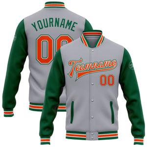 Custom Gray Orange-Kelly Green Bomber Full-Snap Varsity Letterman Two Tone Jacket