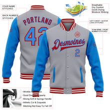 Laden Sie das Bild in den Galerie-Viewer, Custom Gray Electric Blue-Red Bomber Full-Snap Varsity Letterman Two Tone Jacket
