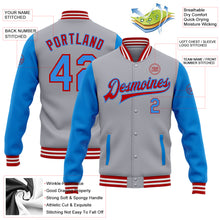Load image into Gallery viewer, Custom Gray Electric Blue-Red Bomber Full-Snap Varsity Letterman Two Tone Jacket
