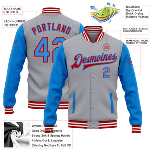 Custom Gray Electric Blue-Red Bomber Full-Snap Varsity Letterman Two Tone Jacket