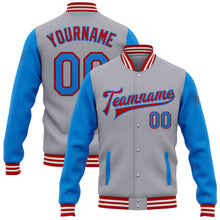 Загрузить изображение в средство просмотра галереи, Custom Gray Powder Blue-Red Bomber Full-Snap Varsity Letterman Two Tone Jacket
