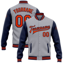 Загрузить изображение в средство просмотра галереи, Custom Gray Orange-Navy Bomber Full-Snap Varsity Letterman Two Tone Jacket
