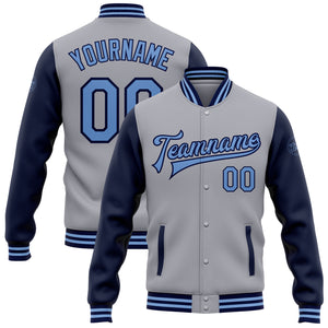 Custom Gray Light Blue-Navy Bomber Full-Snap Varsity Letterman Two Tone Jacket