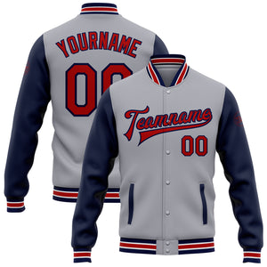 Custom Gray Red-Navy Bomber Full-Snap Varsity Letterman Two Tone Jacket