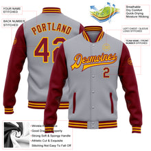 Laden Sie das Bild in den Galerie-Viewer, Custom Gray Crimson-Gold Bomber Full-Snap Varsity Letterman Two Tone Jacket
