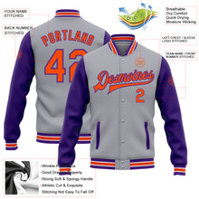 Load image into Gallery viewer, Custom Gray Orange-Purple Bomber Full-Snap Varsity Letterman Two Tone Jacket
