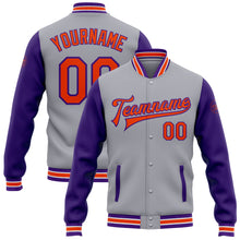 Laden Sie das Bild in den Galerie-Viewer, Custom Gray Orange-Purple Bomber Full-Snap Varsity Letterman Two Tone Jacket
