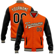 Laden Sie das Bild in den Galerie-Viewer, Custom Orange Black-Cream Bomber Full-Snap Varsity Letterman Two Tone Jacket
